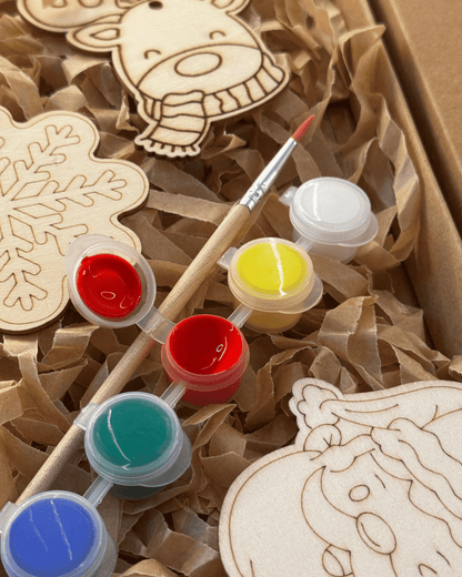 Set creativ pictura MODEL 1 -  tempera scolara, 6 culori, pensula 16.5cm, blancuri lemn 5.5x8cm