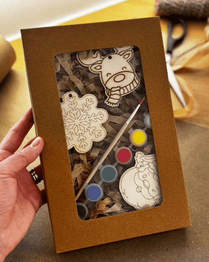 Set creativ pictura MODEL 1 -  tempera scolara, 6 culori, pensula 16.5cm, blancuri lemn 5.5x8cm